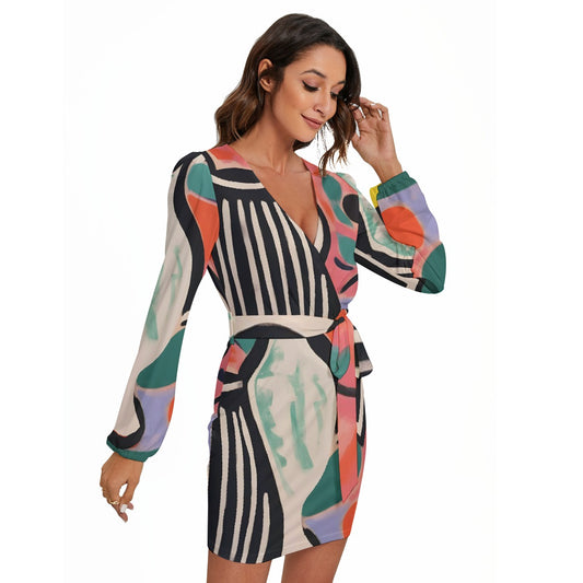 All-Over Print Women's Long Sleeve Dress With Waist Belt