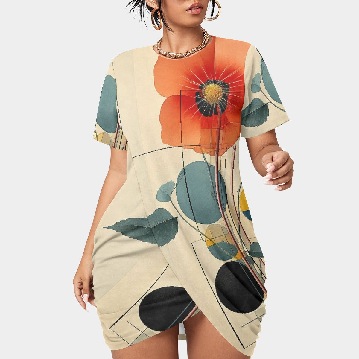 All-Over Print Women’s Stacked Hem Dress With Short Sleeve（Plus Size）