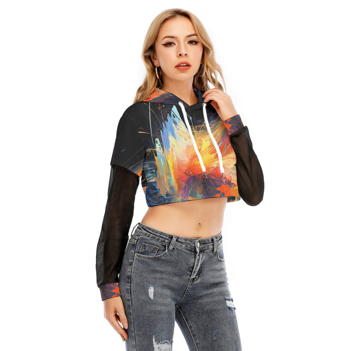 All-Over Print Women's Fake Two-piece Mesh Sleeve Cropped Hoodie