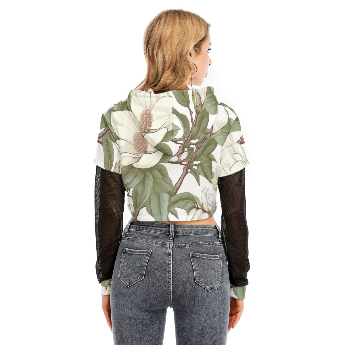 All-Over Print Women's Fake Two-piece Mesh Sleeve Cropped Hoodie