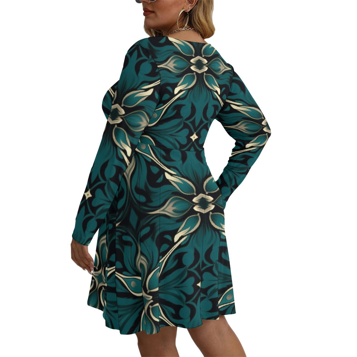 All-Over Print Women's V-neck Long Sleeve Dress(Plus Size)