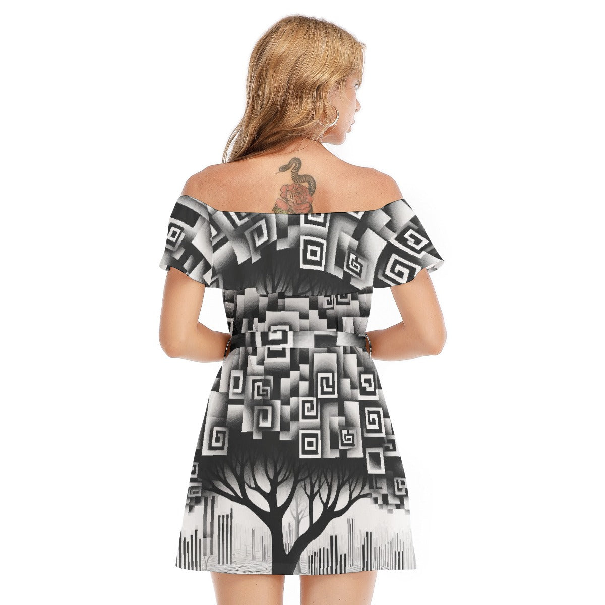 All-Over Print Women's Off-shoulder Dress With Ruffle