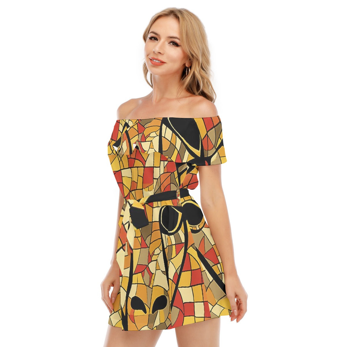 All-Over Print Women's Off-shoulder Dress With Ruffle