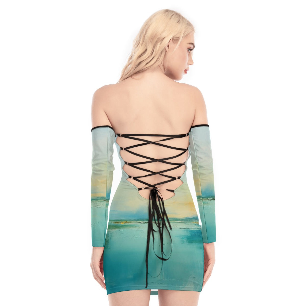 All-Over Print Women's Off-shoulder Back Lace-up Dress