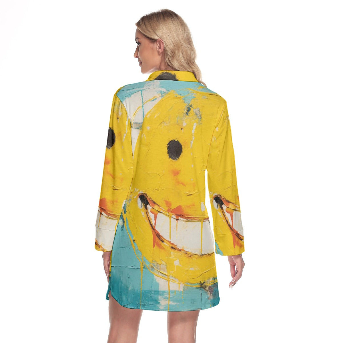 All-Over Print Women's Lapel Shirt Dress With Long Sleeve