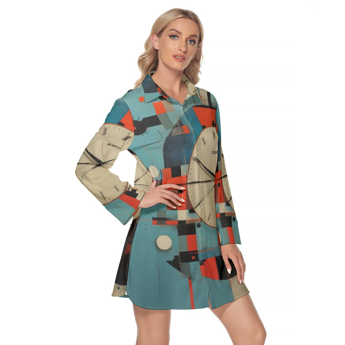 All-Over Print Women's Lapel Shirt Dress With Long Sleeve