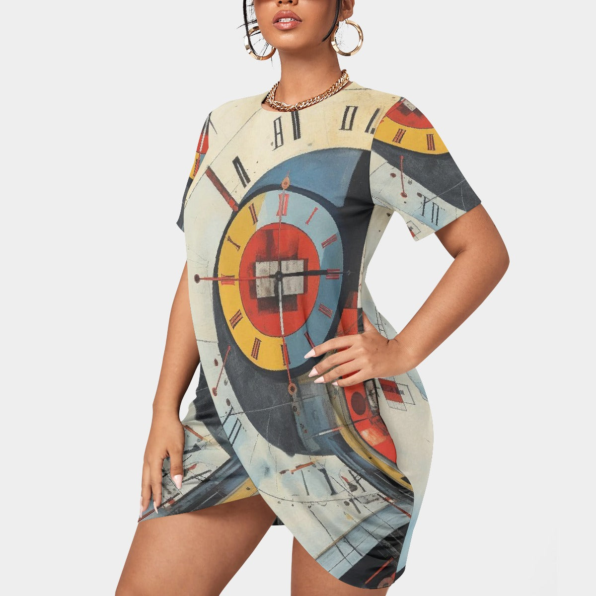 All-Over Print Women’s Stacked Hem Dress With Short Sleeve（Plus Size）