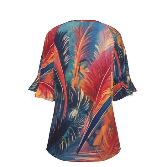 All-Over Print V-neck Women's T-shirt With Bell Sleeve