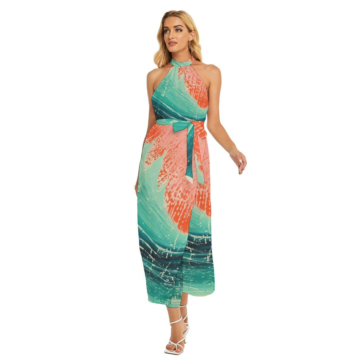 All-Over Print Women's Wrap Hem Belted Halter Dress