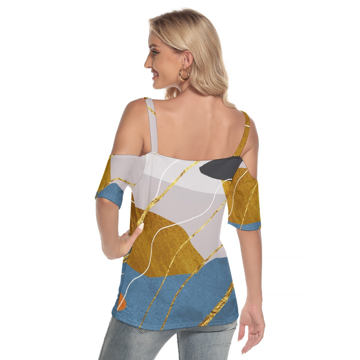 All-Over Print Women's Cold Shoulder T-shirt With Criss Cross Strips