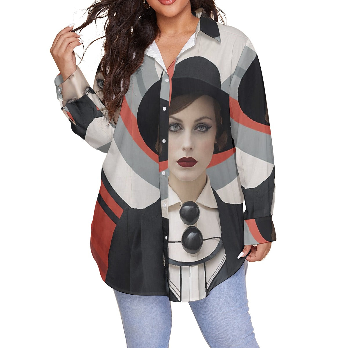 All-Over Print Women's Shirt With Long Sleeve(Plus Size)