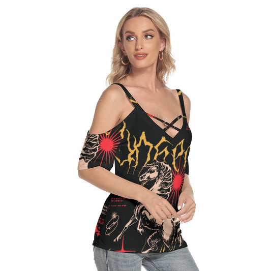 All-Over Print Women's Cold Shoulder T-shirt With Criss Cross Strips