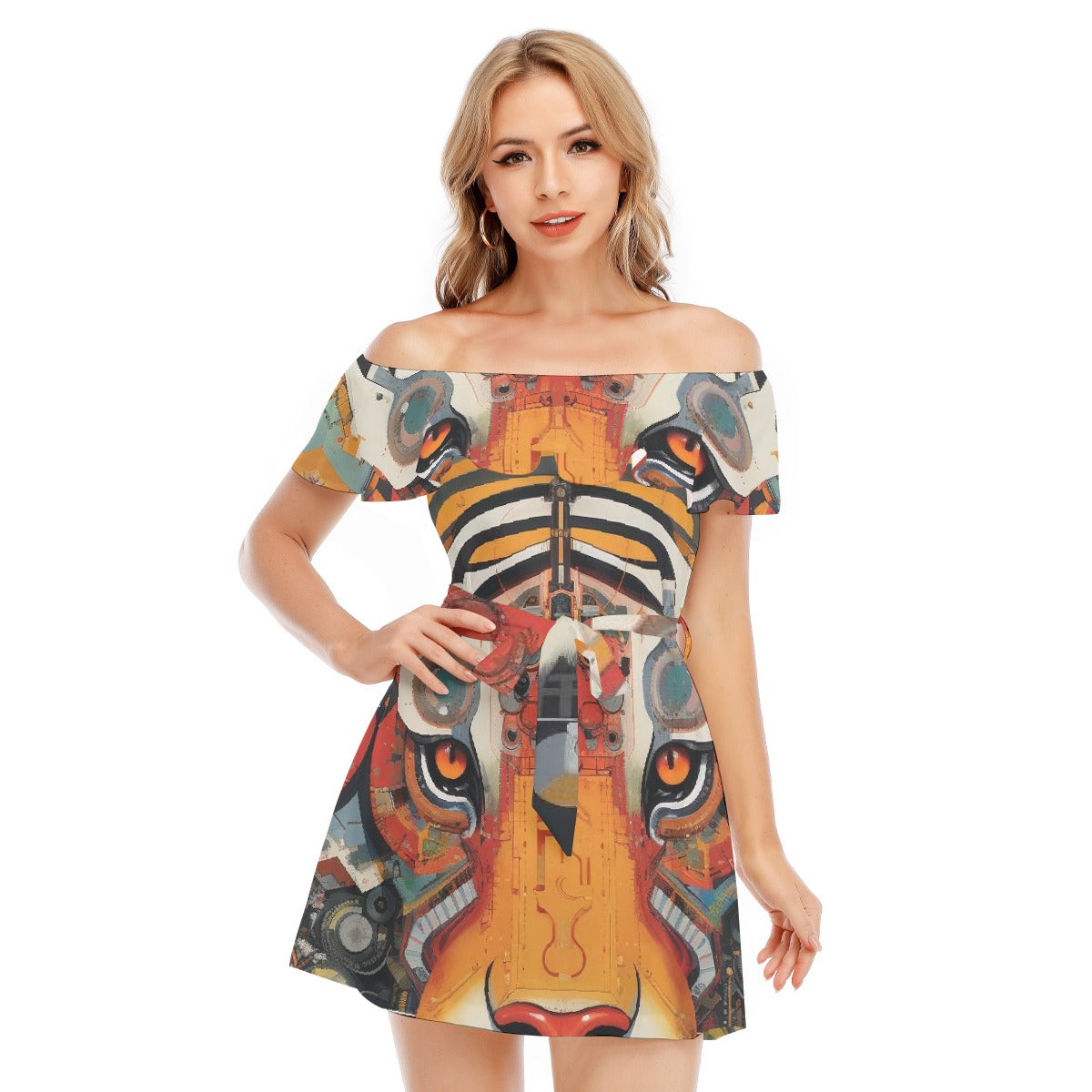 All-Over Print Women's Off-shoulder Dress With Ruffle