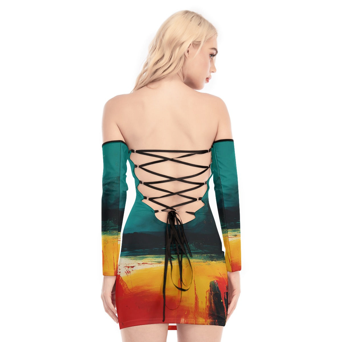 All-Over Print Women's Off-shoulder Back Lace-up Dress