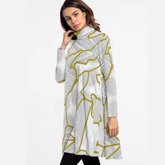 All-Over Print Women's High Neck Dress With Long Sleeve