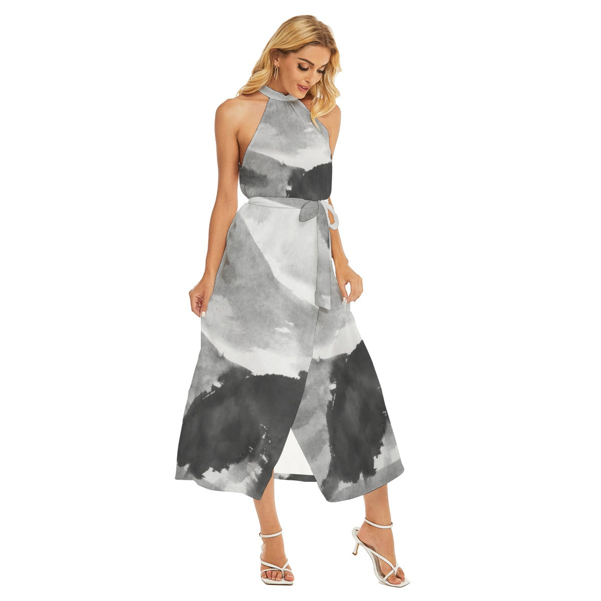 All-Over Print Women's Wrap Hem Belted Halter Dress