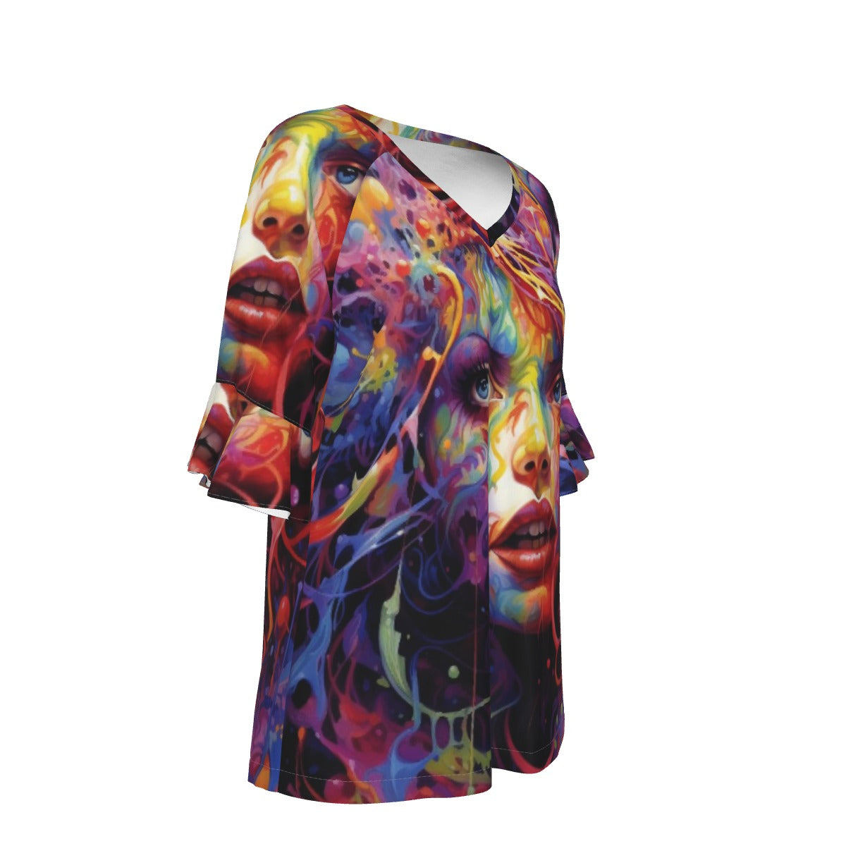 All-Over Print V-neck Women's T-shirt With Bell Sleeve