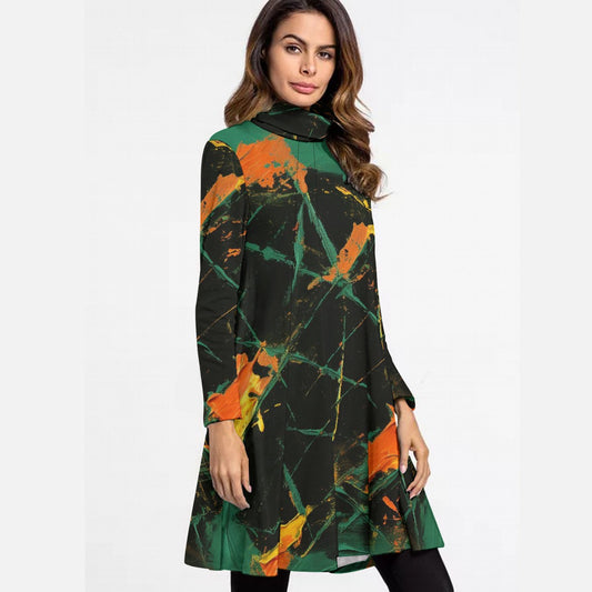 All-Over Print Women's High Neck Dress With Long Sleeve