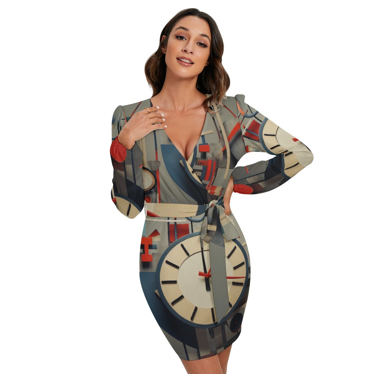 All-Over Print Women's Long Sleeve Dress With Waist Belt