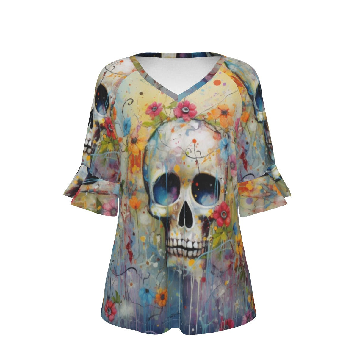 All-Over Print V-neck Women's T-shirt With Bell Sleeve