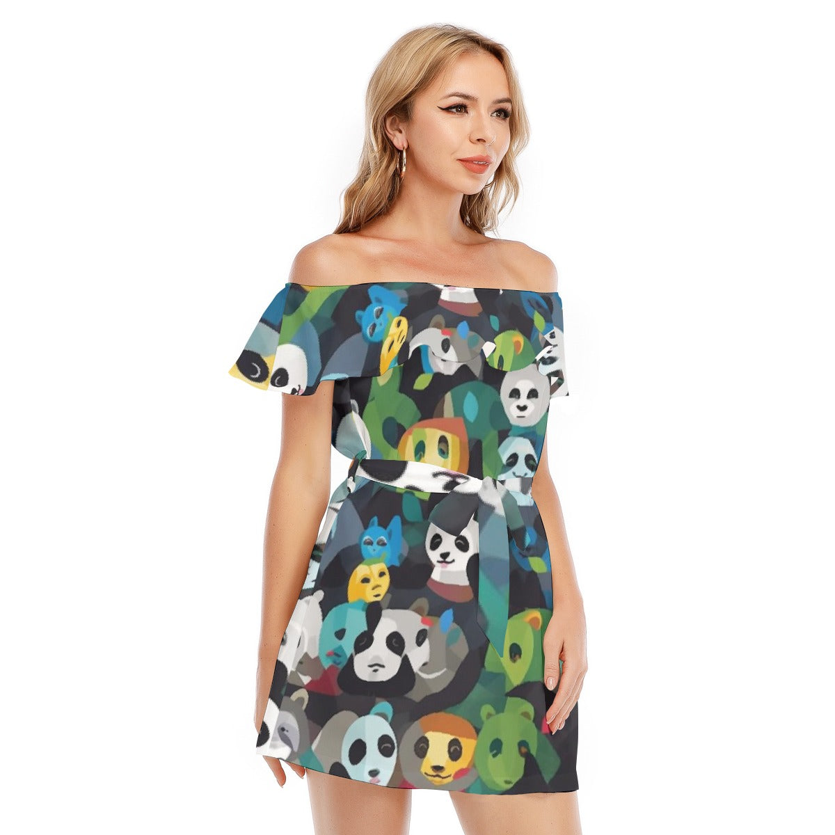 All-Over Print Women's Off-shoulder Dress With Ruffle