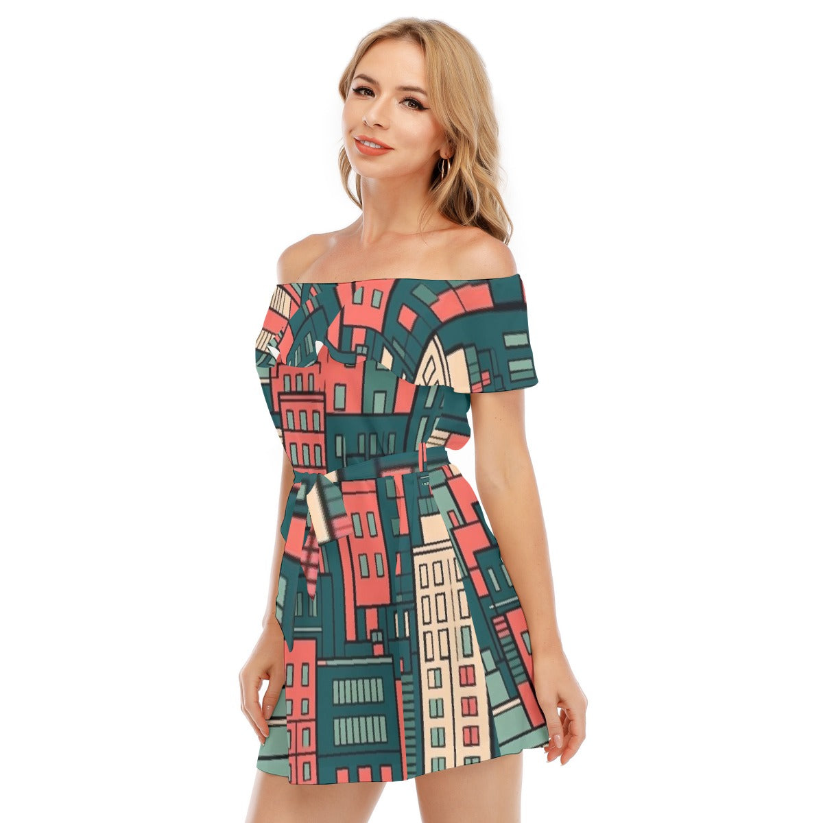 All-Over Print Women's Off-shoulder Dress With Ruffle