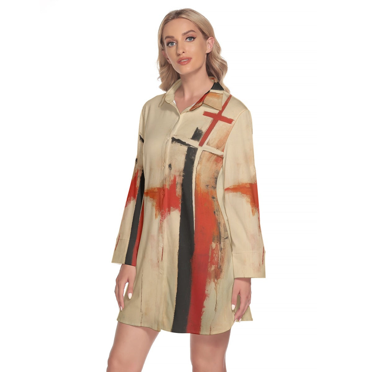 All-Over Print Women's Lapel Shirt Dress With Long Sleeve