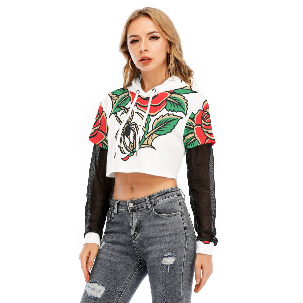 All-Over Print Women's Fake Two-piece Mesh Sleeve Cropped Hoodie