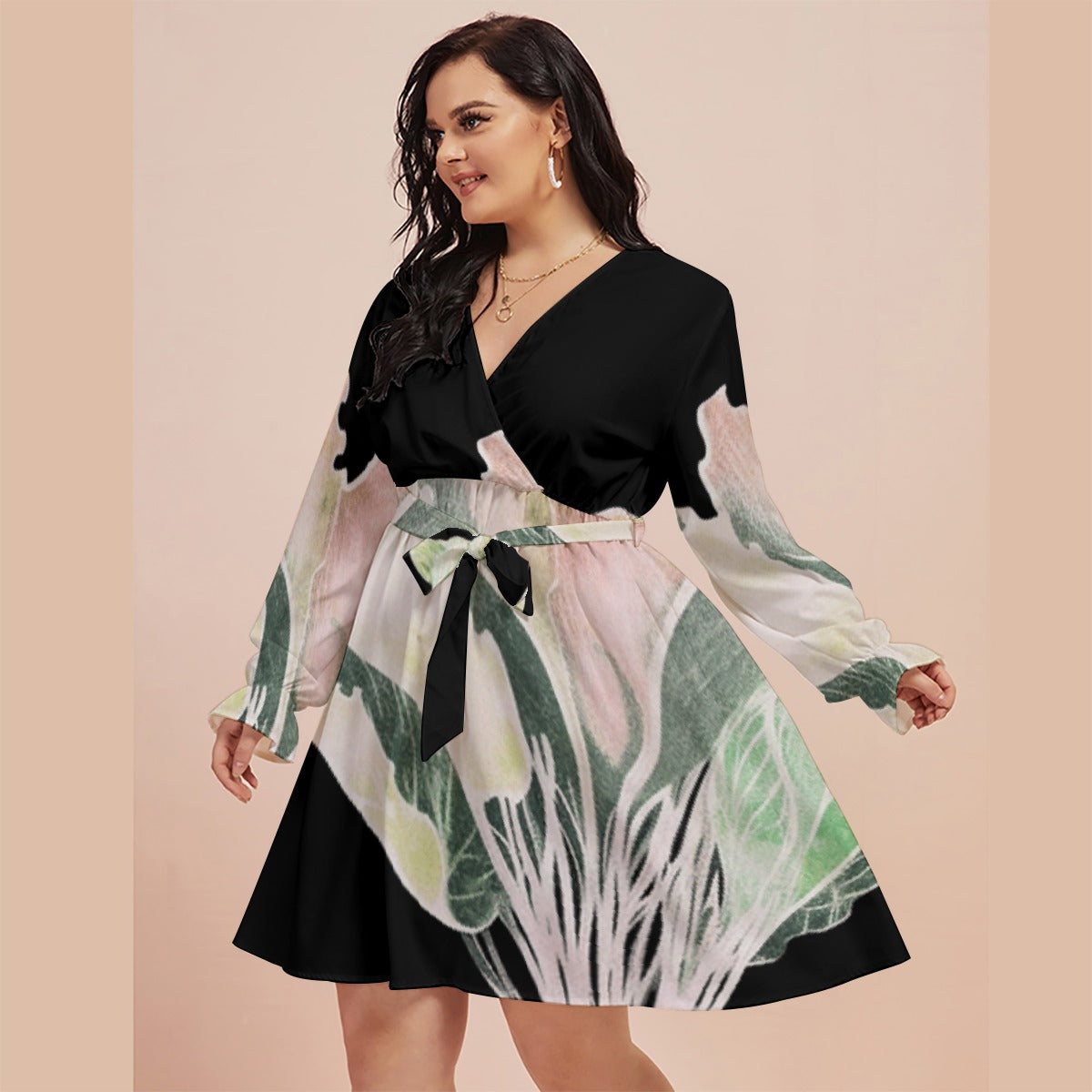 All-Over Print Women's V-neck Dress With Waistband(Plus Size)