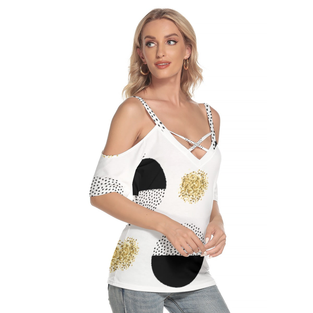 All-Over Print Women's Cold Shoulder T-shirt With Criss Cross Strips