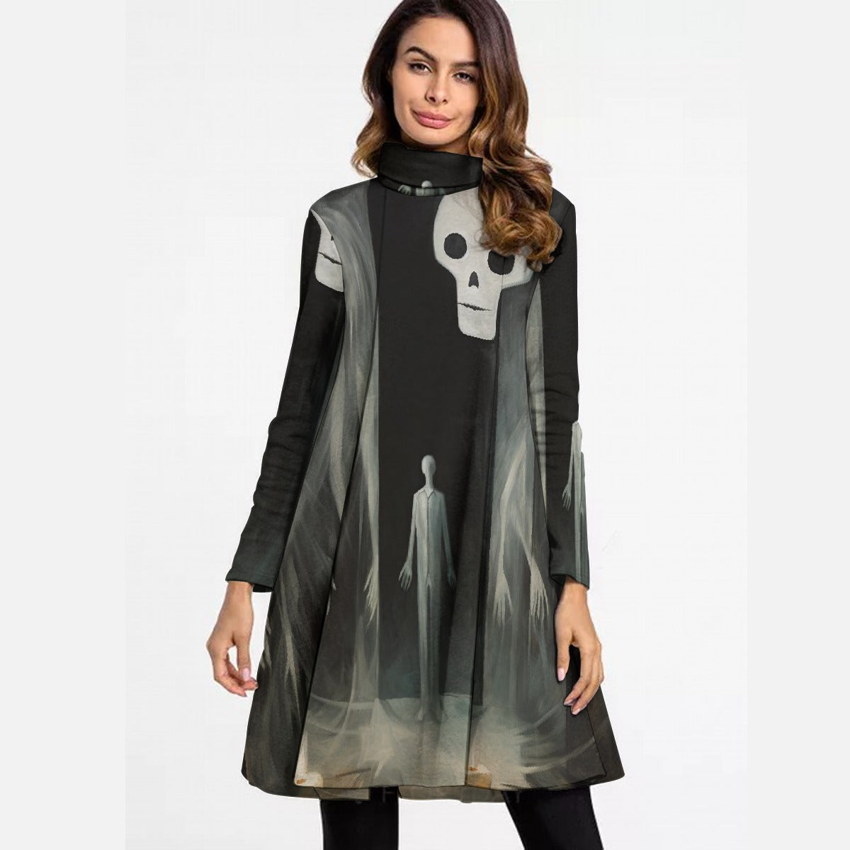 All-Over Print Women's High Neck Dress With Long Sleeve