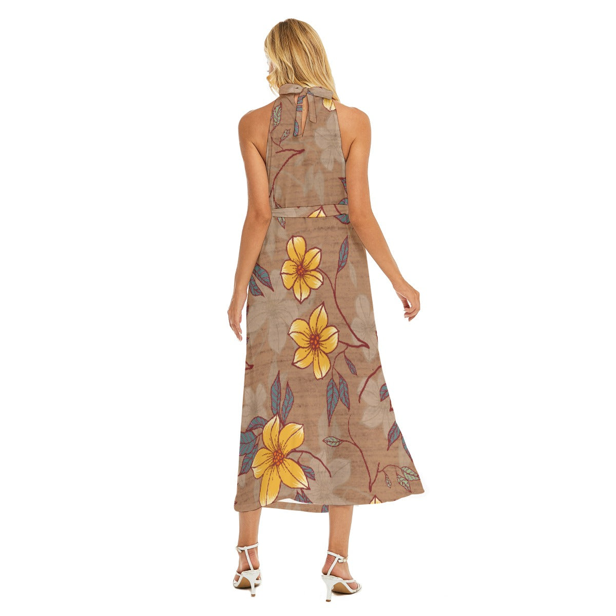 All-Over Print Women's Wrap Hem Belted Halter Dress