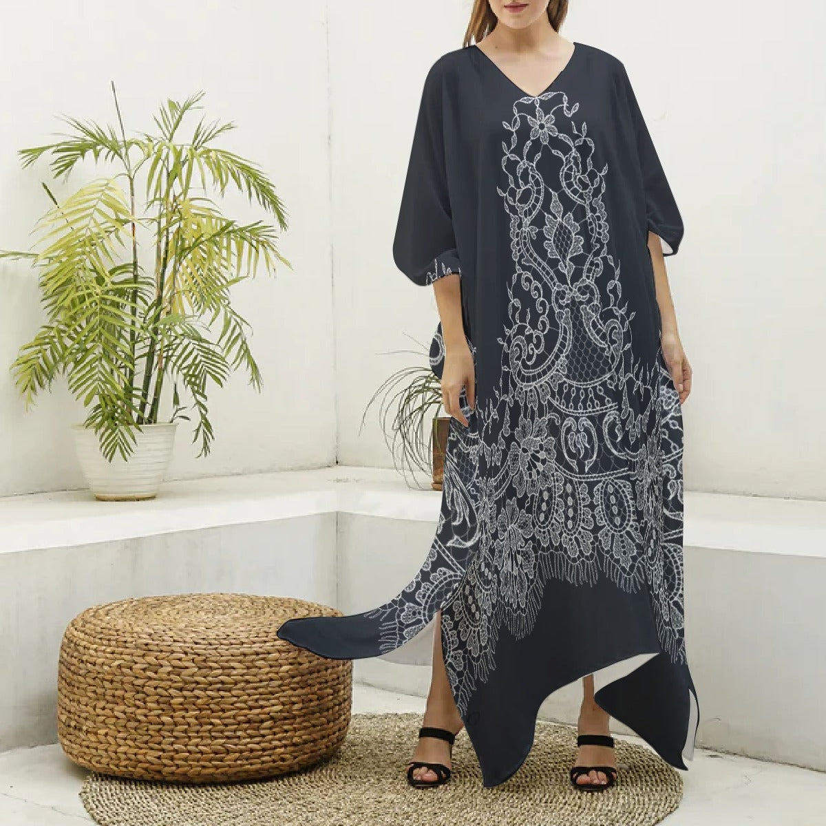 All-Over Print Women's Imitation Silk V-neck Kaftan Robe