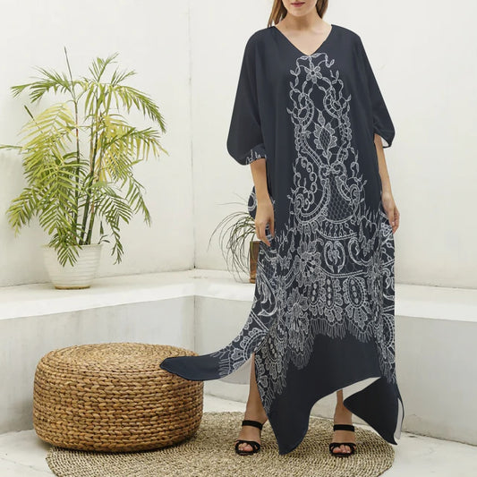 All-Over Print Women's Imitation Silk V-neck Kaftan Robe