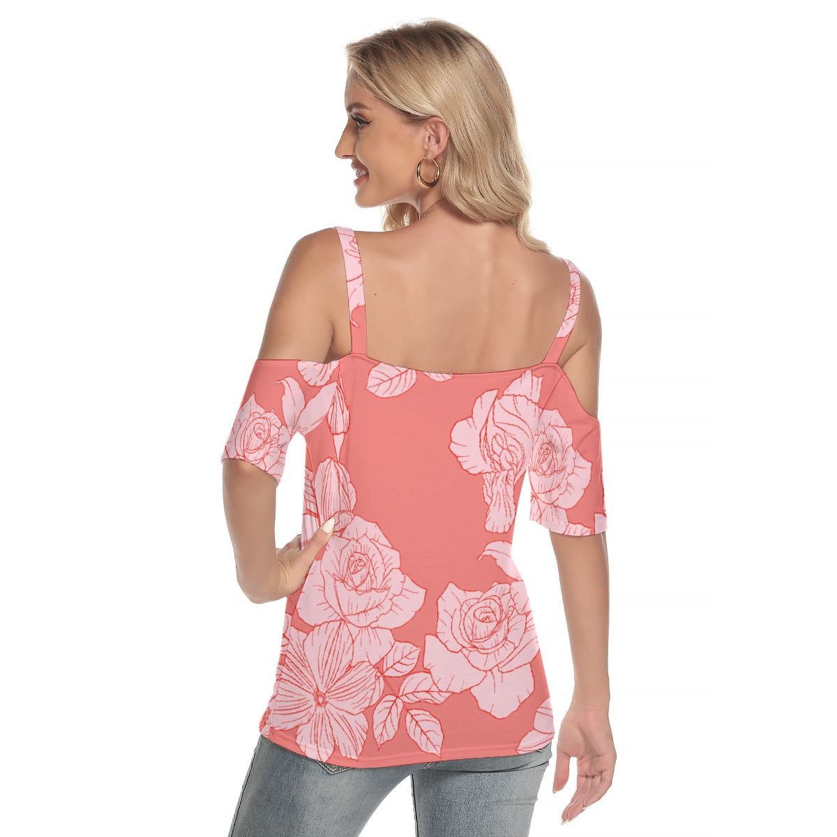 All-Over Print Women's Cold Shoulder T-shirt With Criss Cross Strips