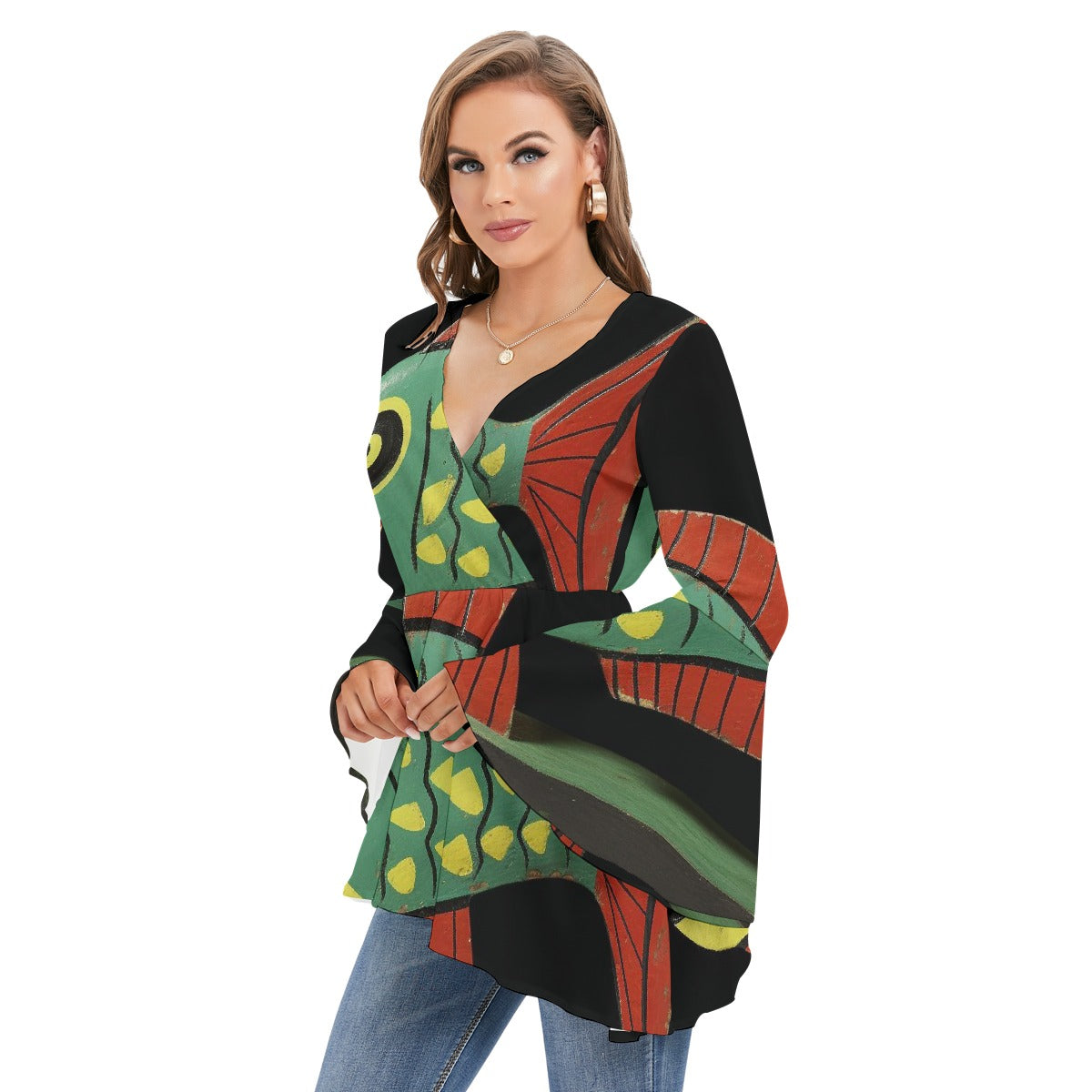 All-Over Print Women's V-neck Blouse With Flared Sleeves