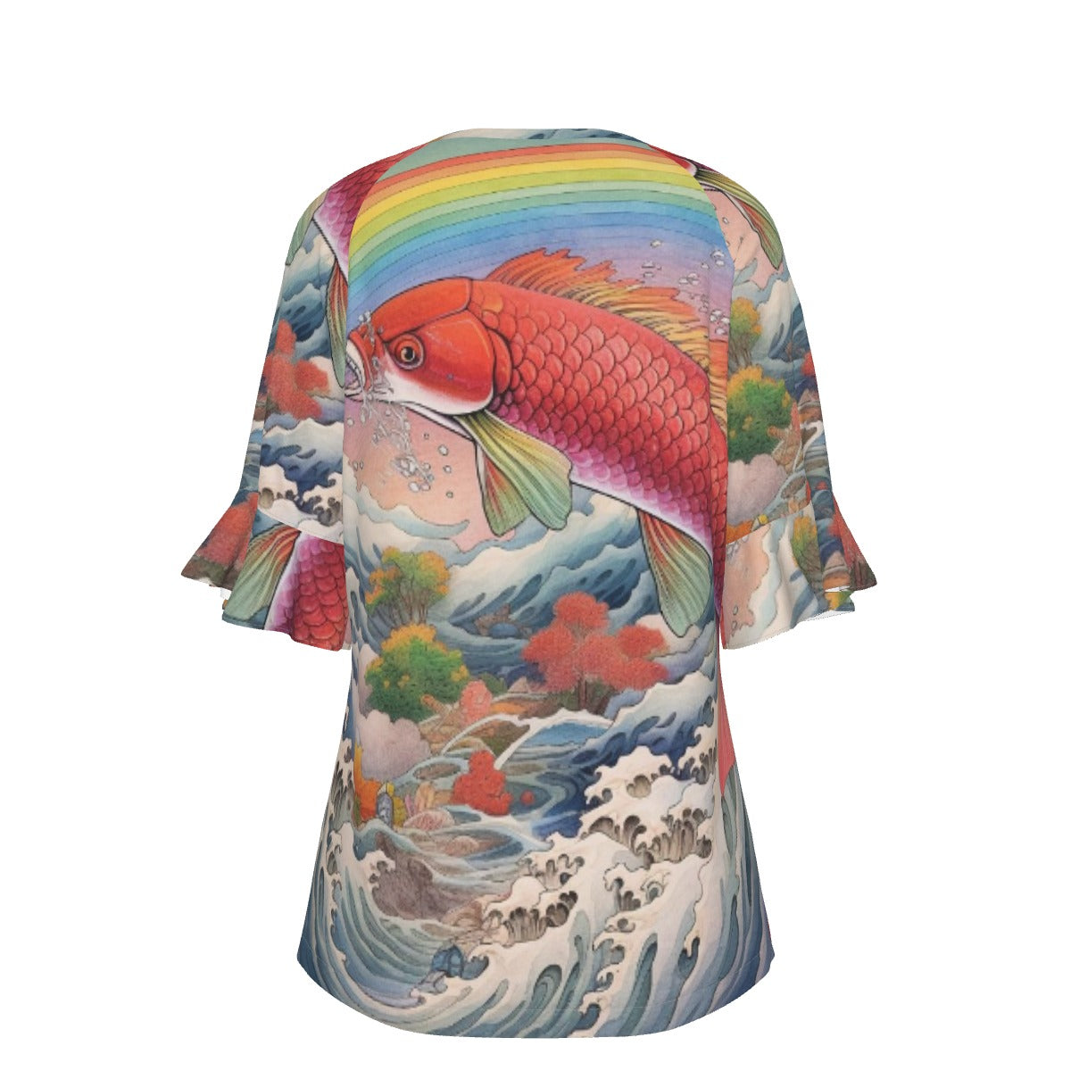 All-Over Print V-neck Women's T-shirt With Bell Sleeve