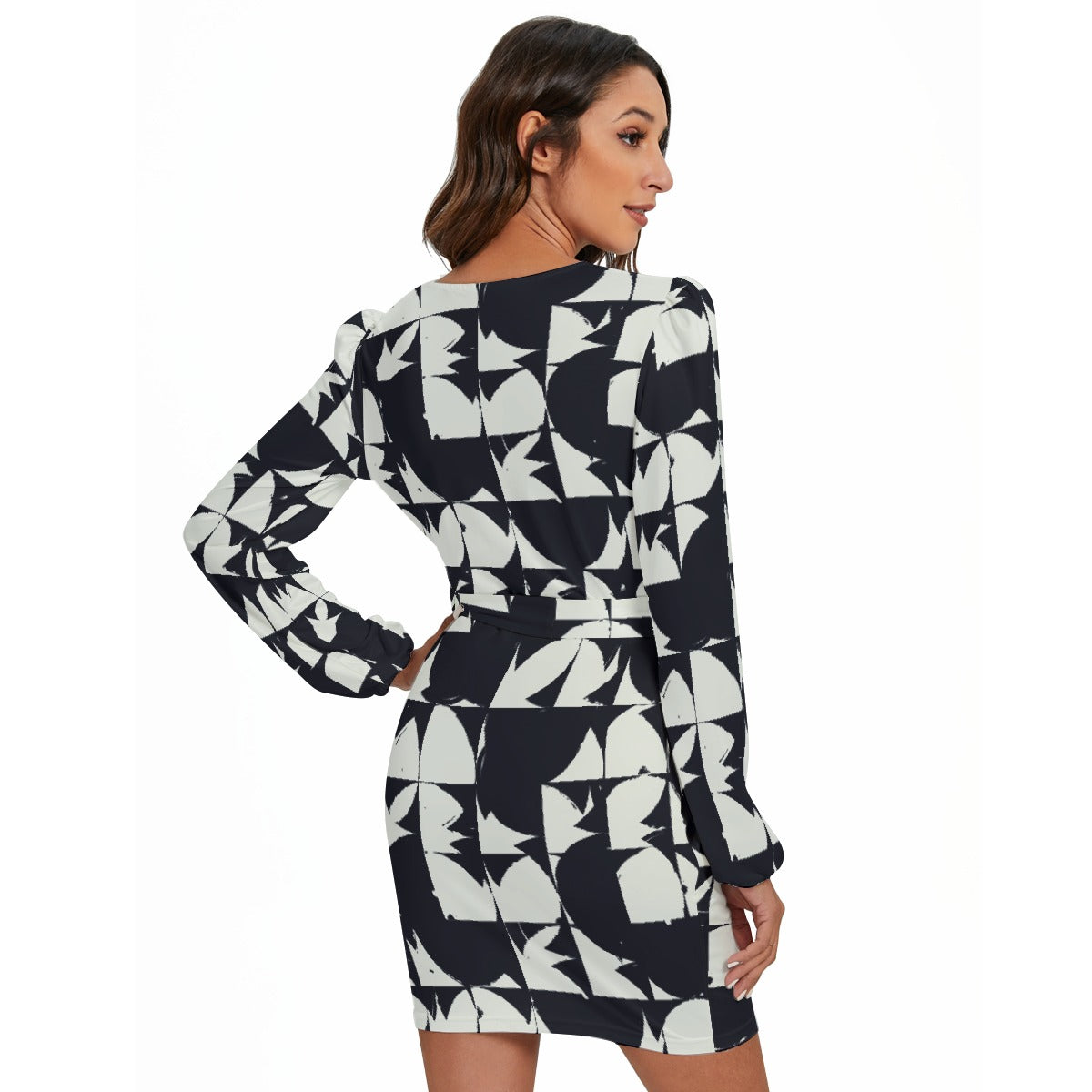 All-Over Print Women's Long Sleeve Dress With Waist Belt