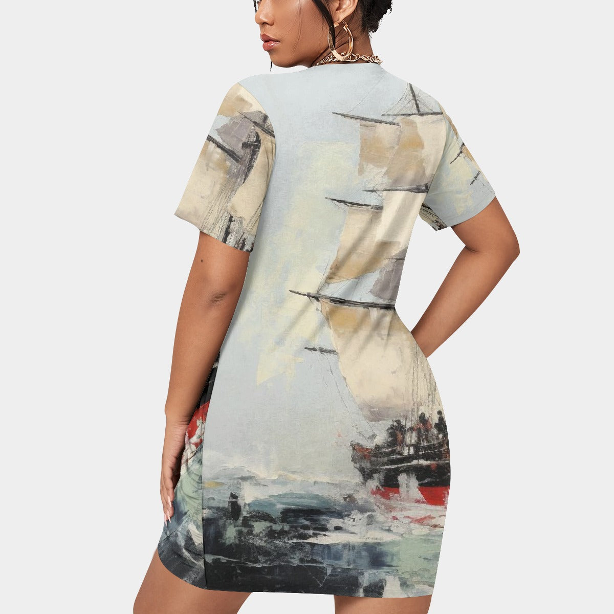 All-Over Print Women’s Stacked Hem Dress With Short Sleeve（Plus Size）