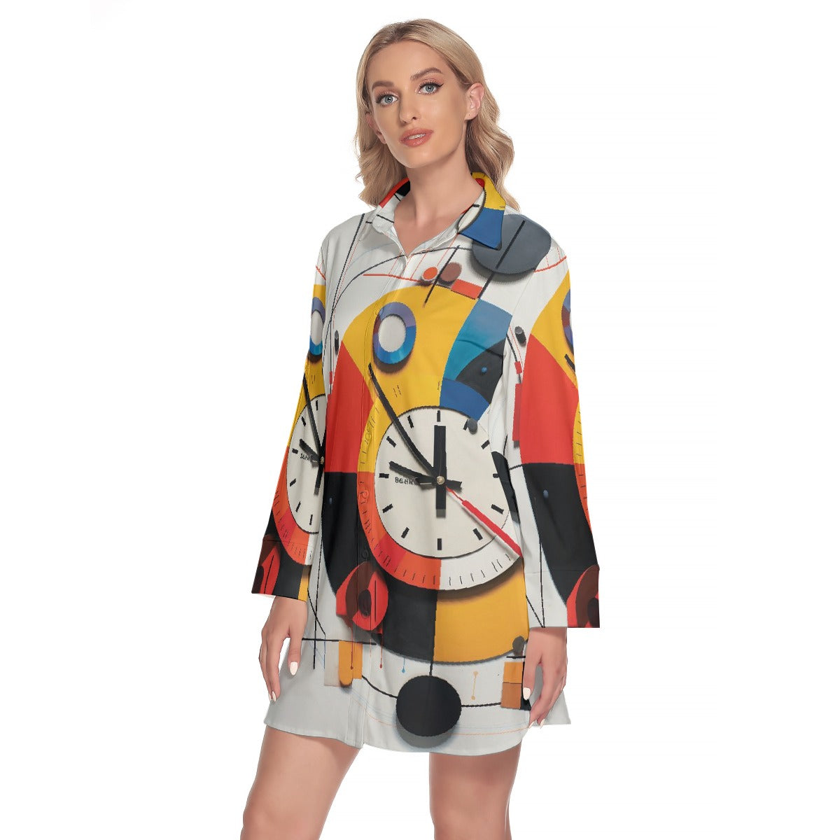 All-Over Print Women's Lapel Shirt Dress With Long Sleeve