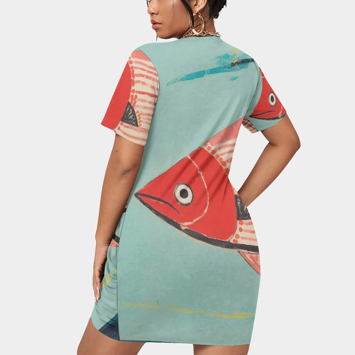 All-Over Print Women’s Stacked Hem Dress With Short Sleeve（Plus Size）