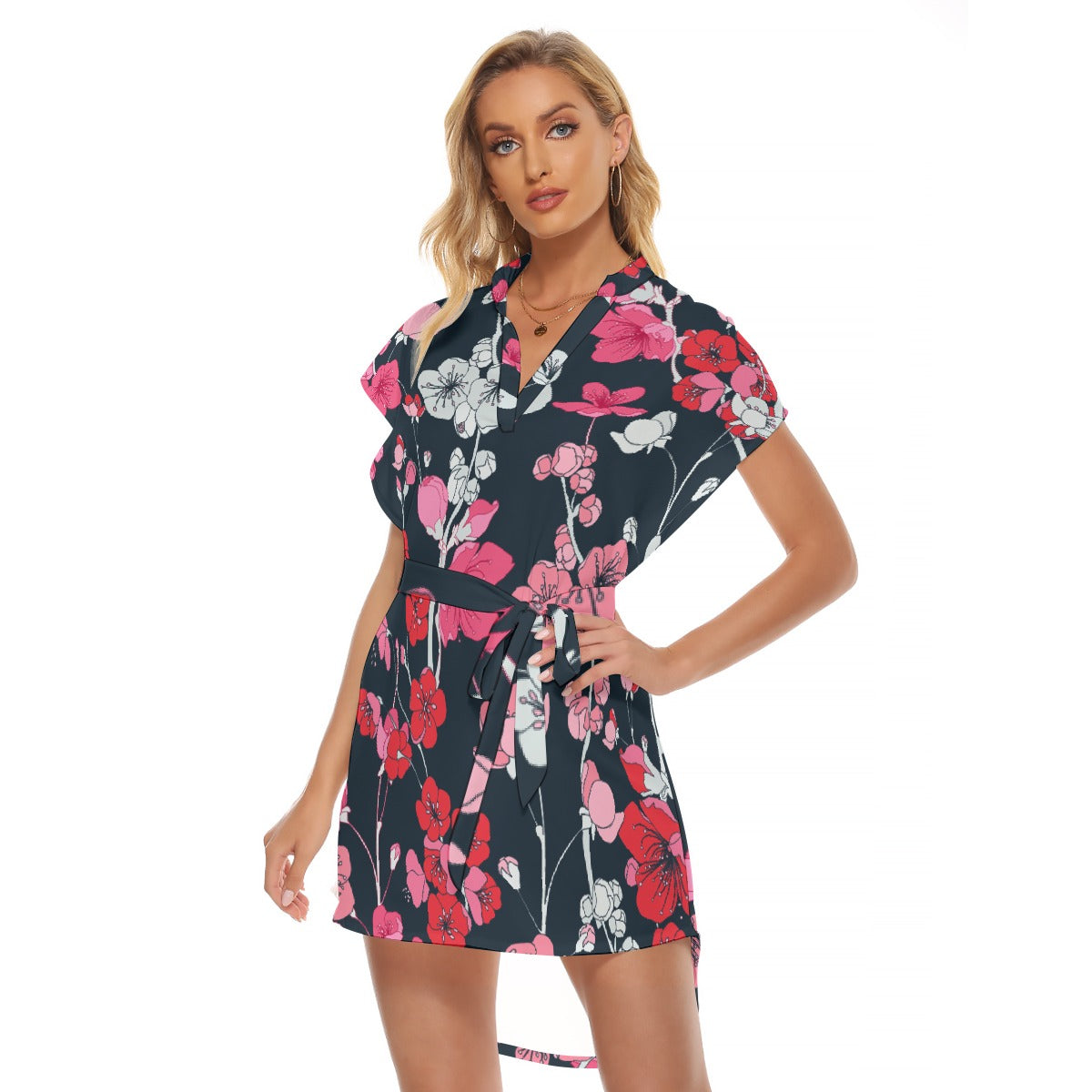 All-Over Print Women's Stand-up Collar Casual Dress With Belt