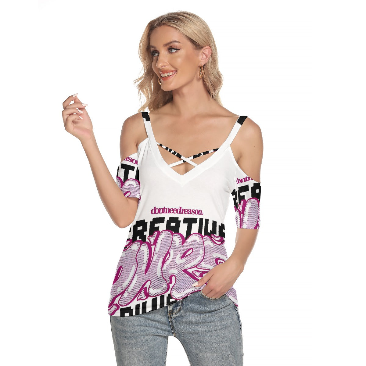 All-Over Print Women's Cold Shoulder T-shirt With Criss Cross Strips