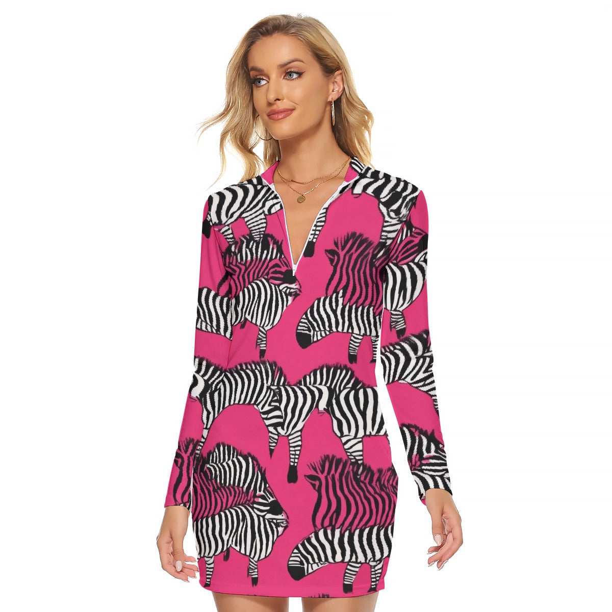 All-Over Print Women's Zip Front Tight Dress