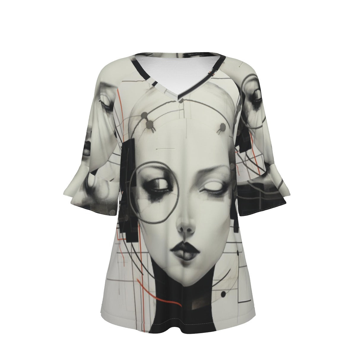 All-Over Print V-neck Women's T-shirt With Bell Sleeve