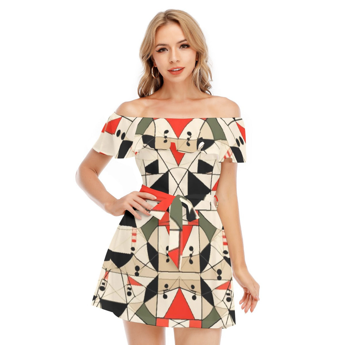 All-Over Print Women's Off-shoulder Dress With Ruffle