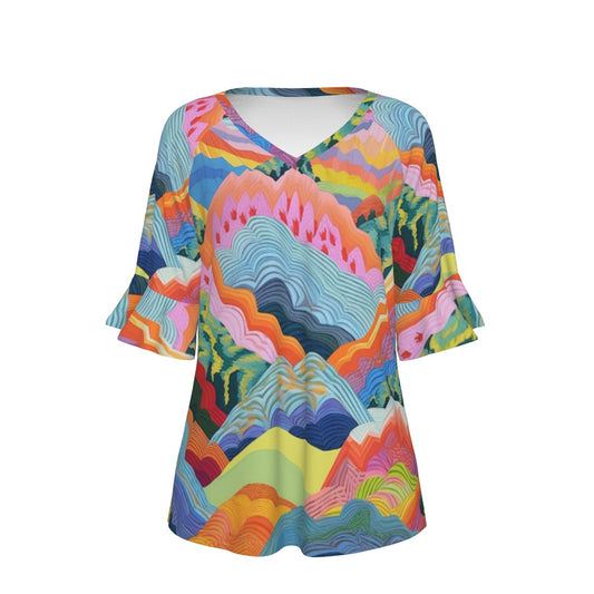 All-Over Print V-neck Women's T-shirt With Bell Sleeve