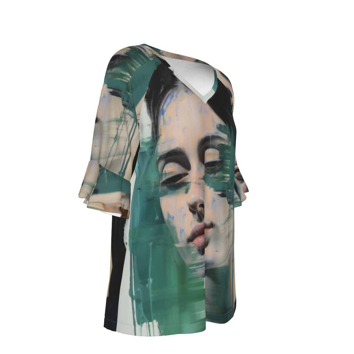 All-Over Print V-neck Women's T-shirt With Bell Sleeve