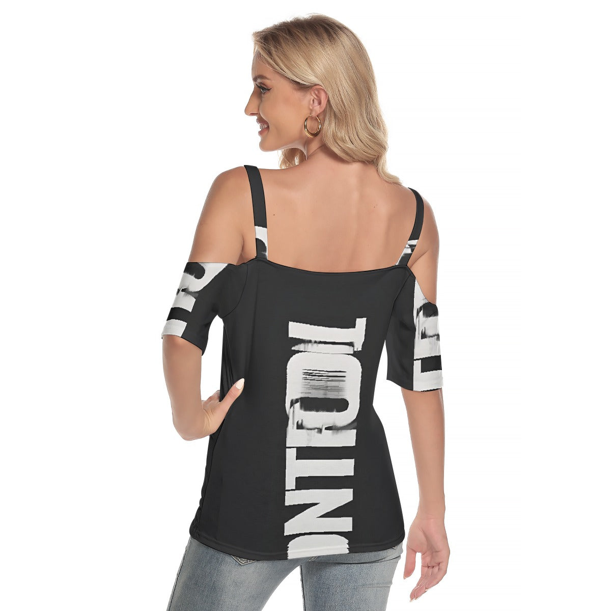 All-Over Print Women's Cold Shoulder T-shirt With Criss Cross Strips