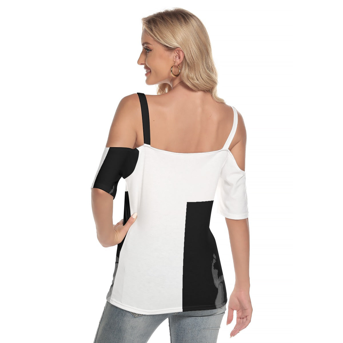 All-Over Print Women's Cold Shoulder T-shirt With Criss Cross Strips